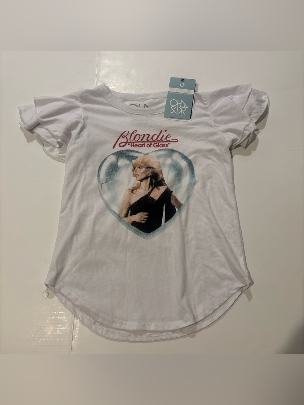 Chaser Blondie Heart of Glass  T-shirt White Ruffle Sleeves Youth Girls Size 10